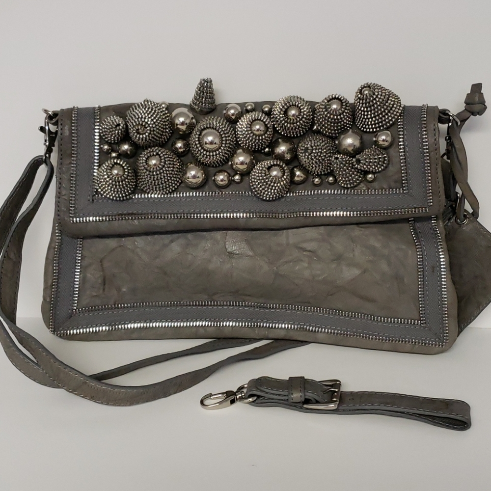 Multi-compartment grey leather clutch
